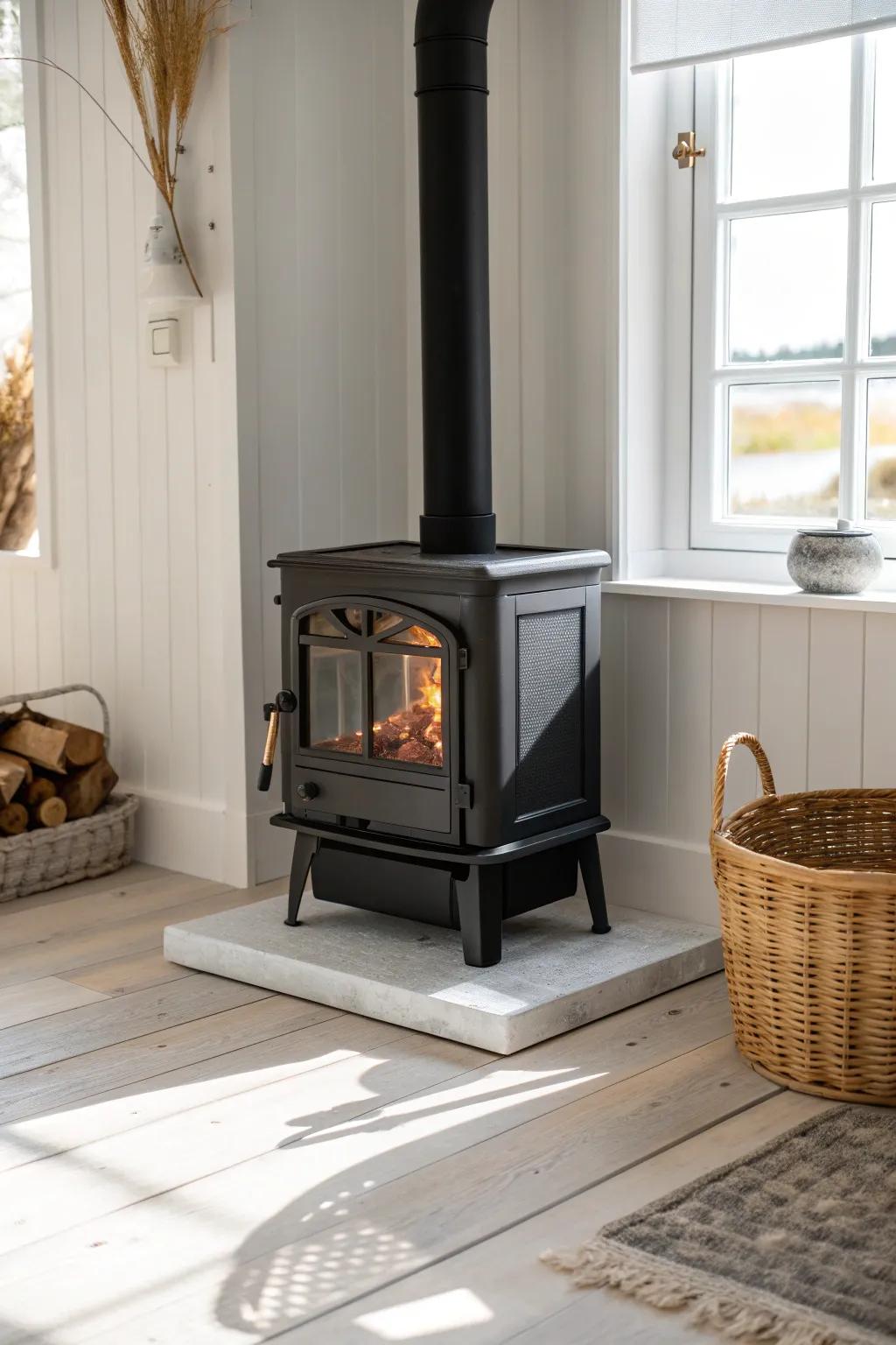 A rental-friendly electric corner stove adds instant cozy—no drilling, just warm minimalist style.