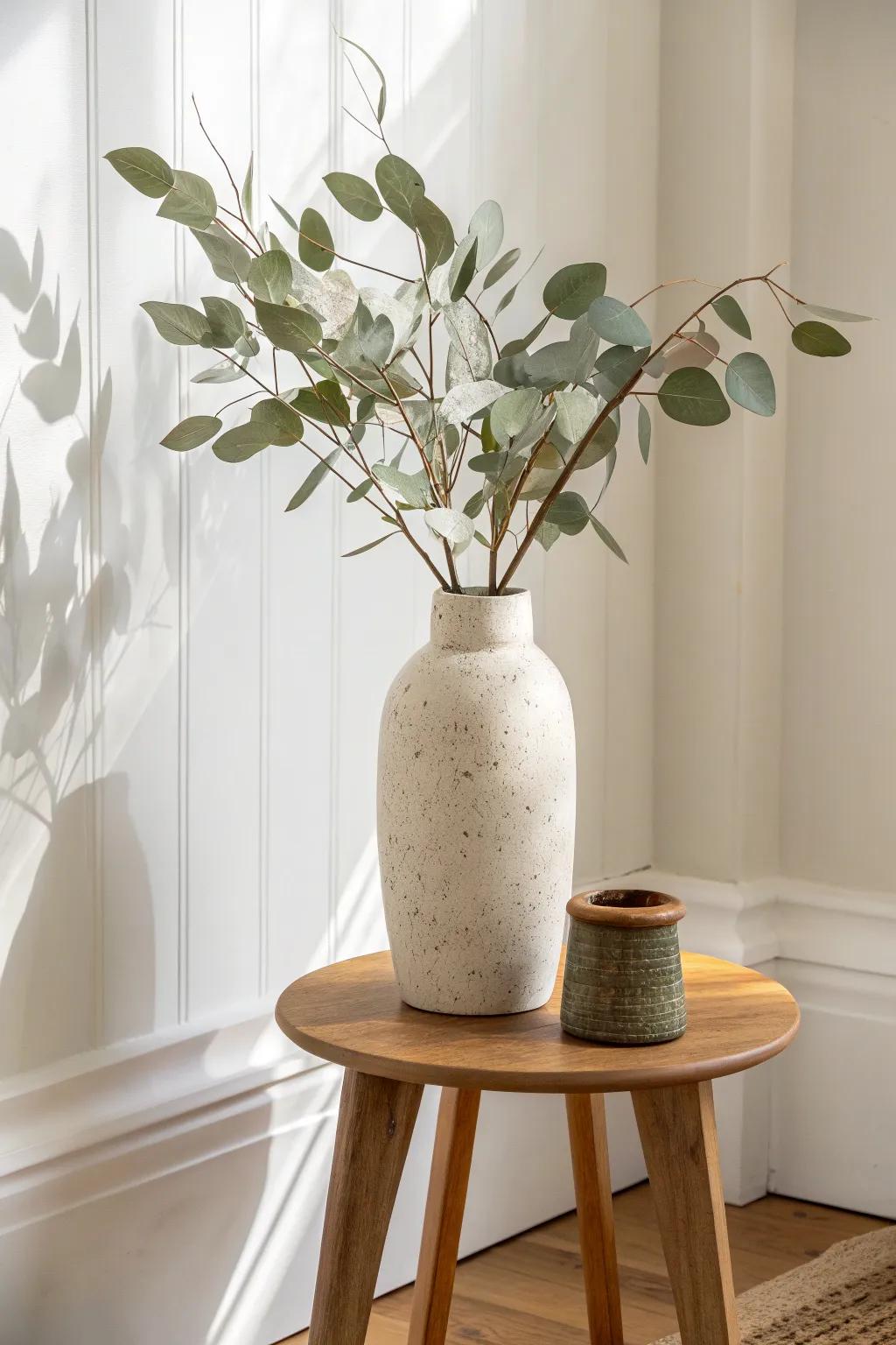 Go vertical: a tall vase of branches instantly styles a corner table without clutter.