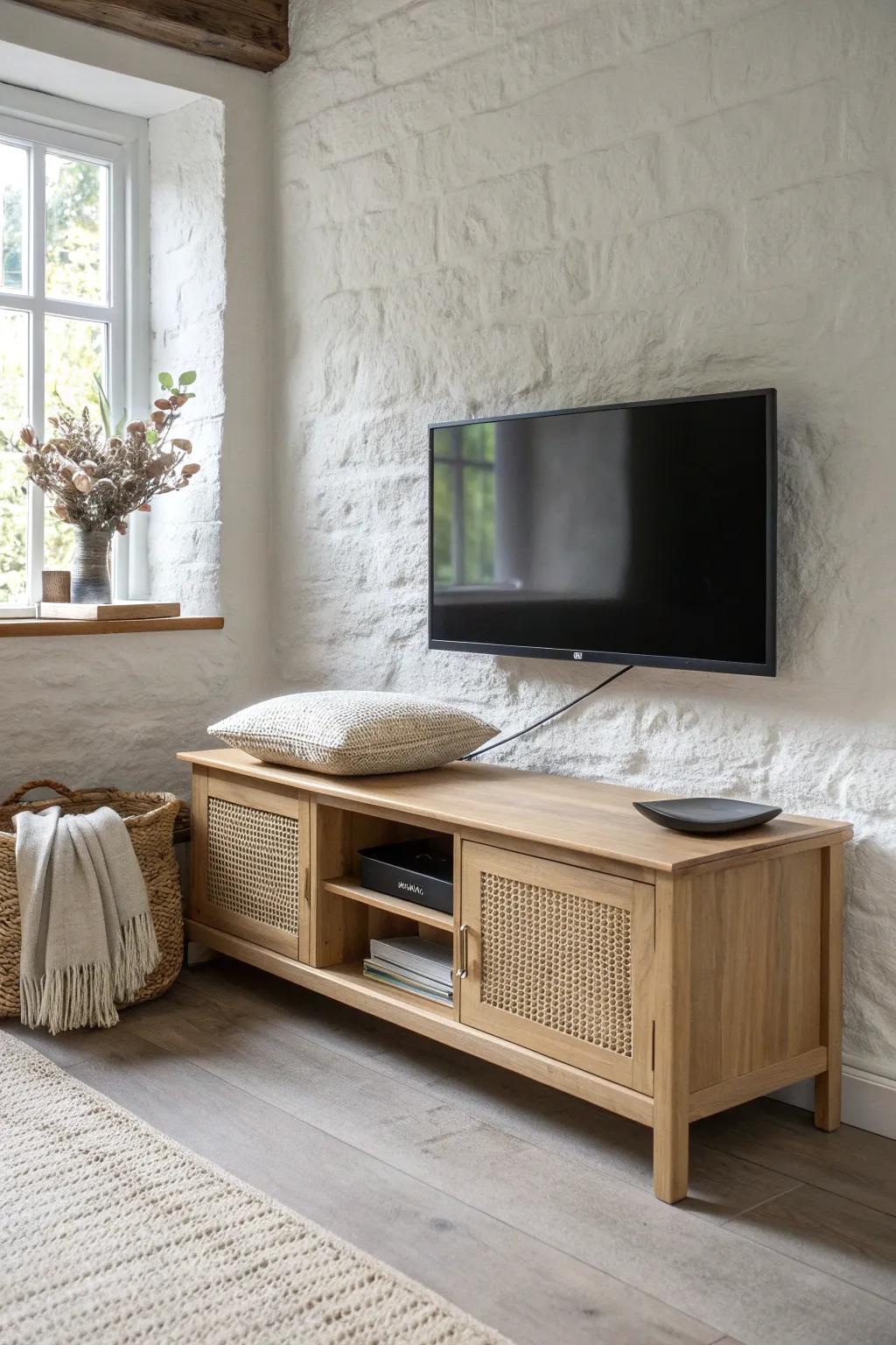 A corner TV setup made cozy: a slim storage bench that hides blankets and controllers.