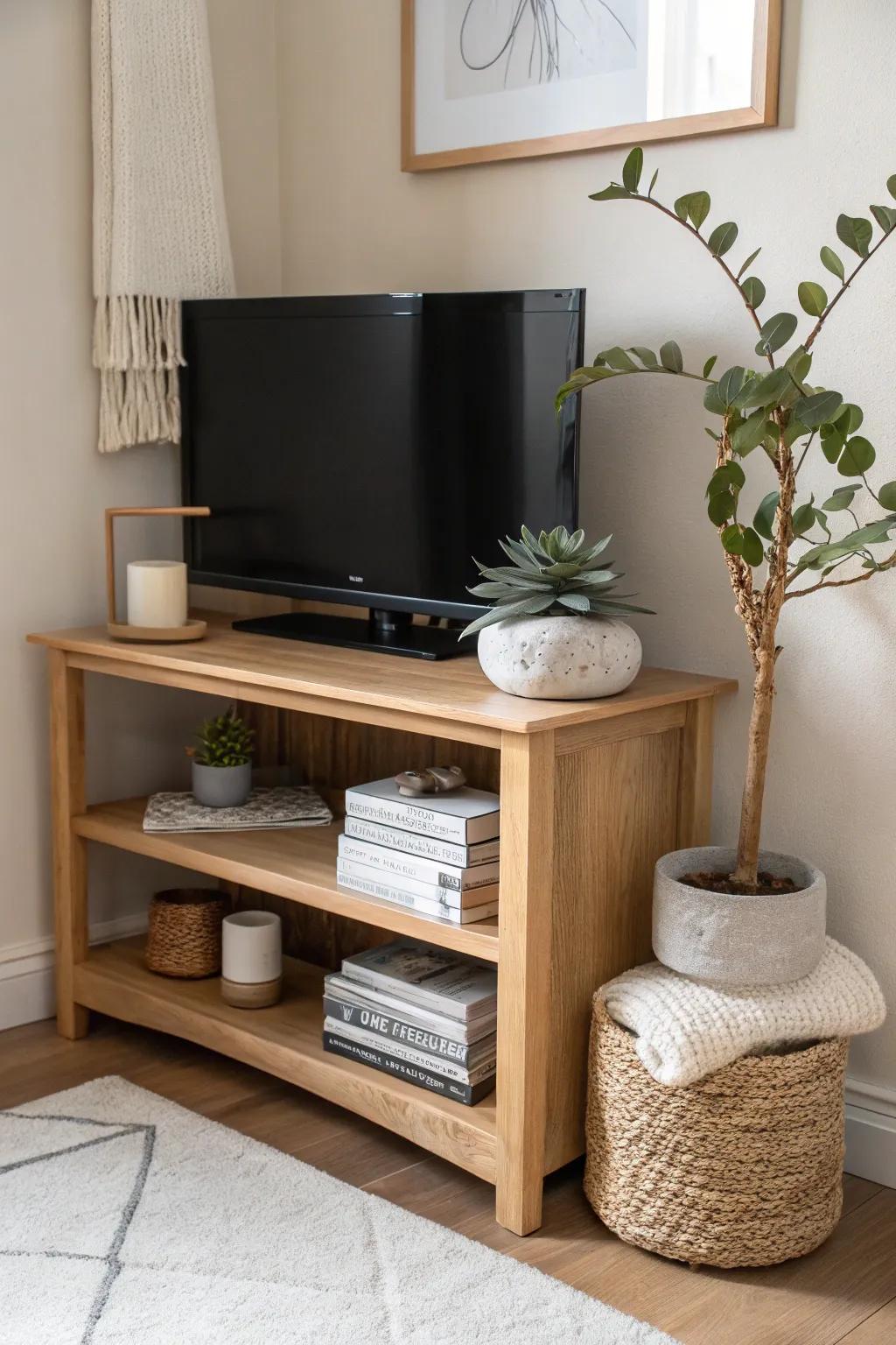 Style your corner TV shelf like art: one plant, one book stack, one cozy accent.