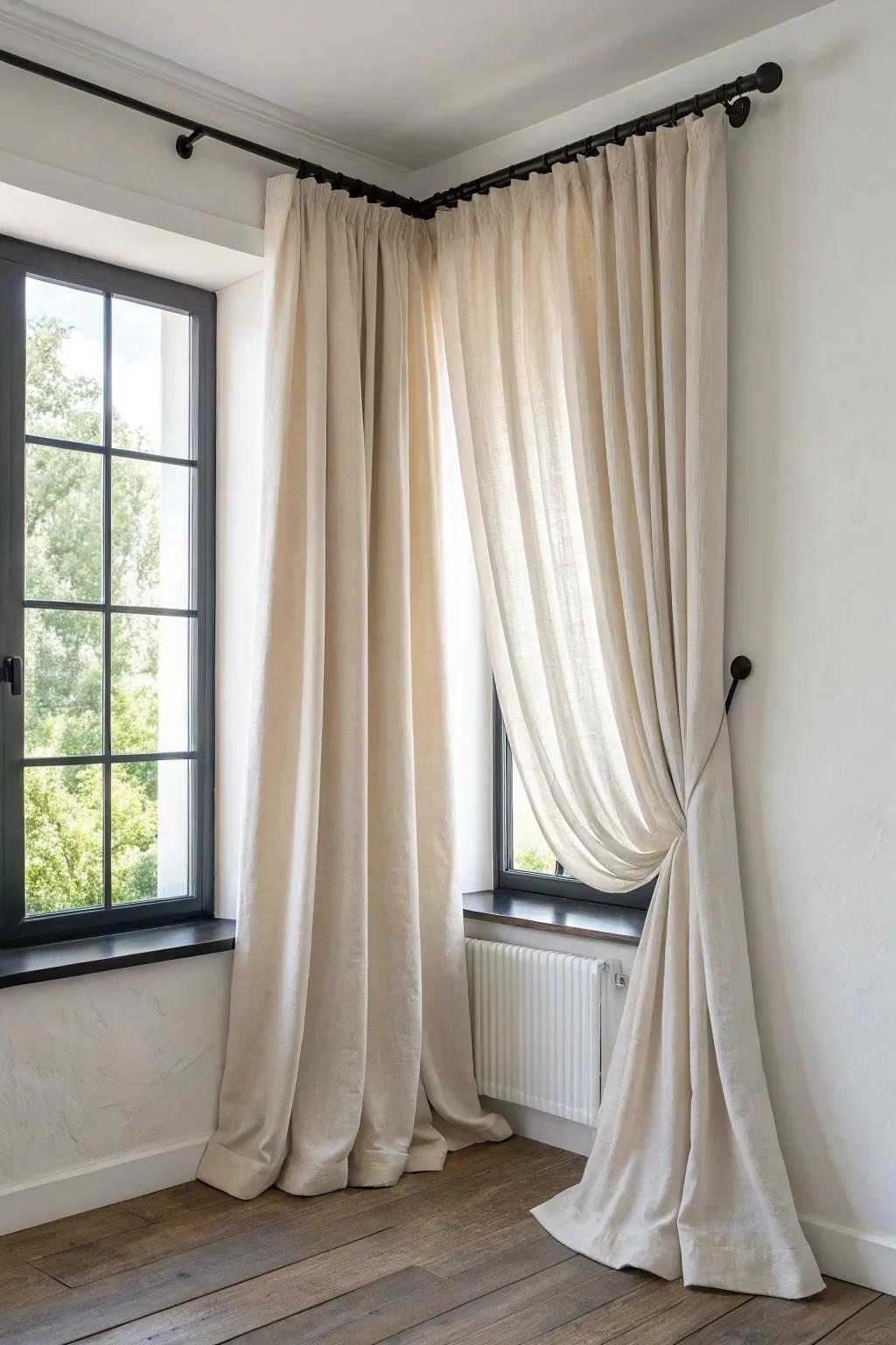 Asymmetrical linen panels make tricky corner windows feel intentional, soft, and balanced.