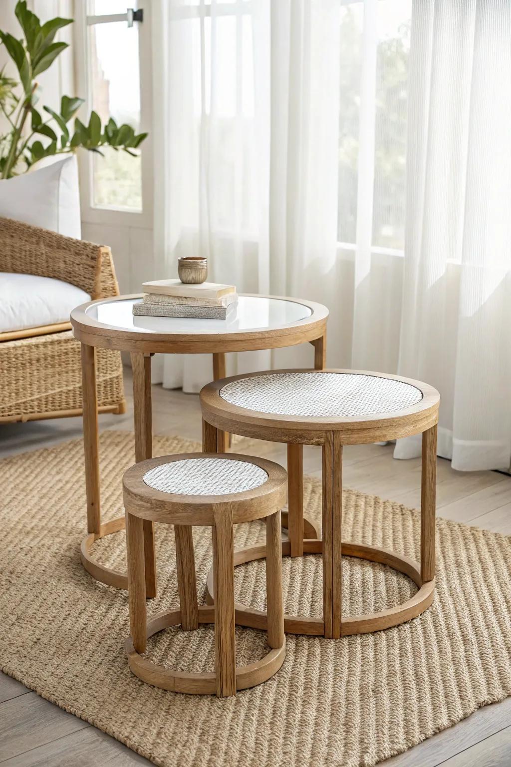 Nesting tables make a couchless living room feel open—use one or three, then tuck them in.