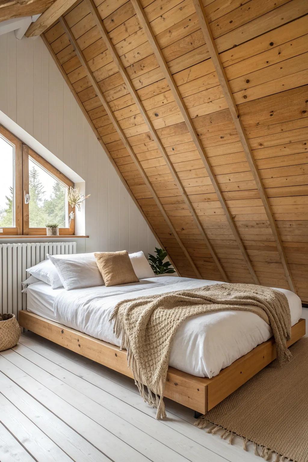 Warm wood paneling on the attic slope makes a tiny bedroom feel like a cozy cabin hideaway.