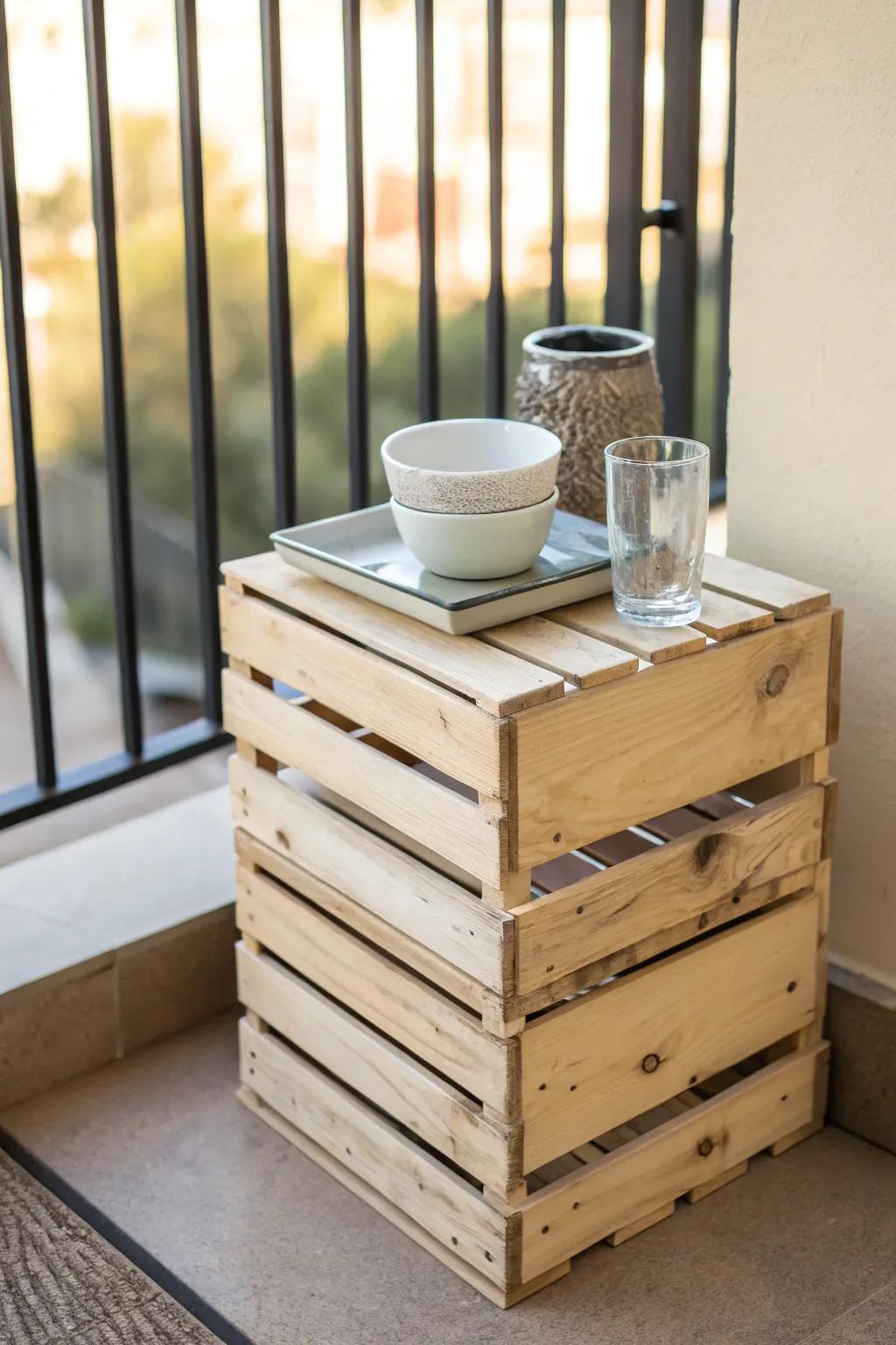 Stack two wooden crates for a charming balcony side table—easy, movable, and beautifully minimal.