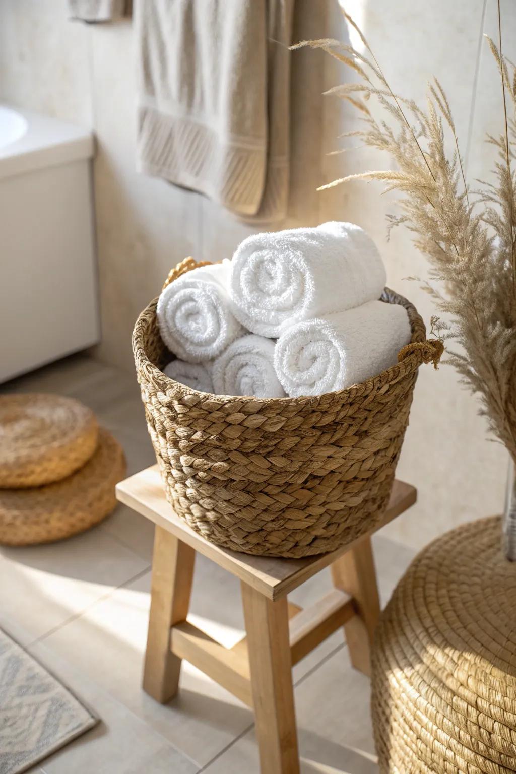 Neatly rolled towels in a woven basket—instant boutique-spa warmth for tiny bathrooms.