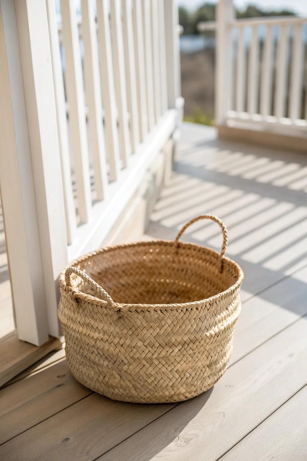 Handwoven seagrass basket adds instant warmth and texture for a cozy small balcony.