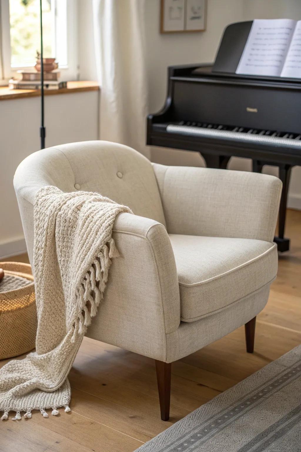 A compact armchair by the piano turns one small corner into a cozy music-and-reading micro-lounge.
