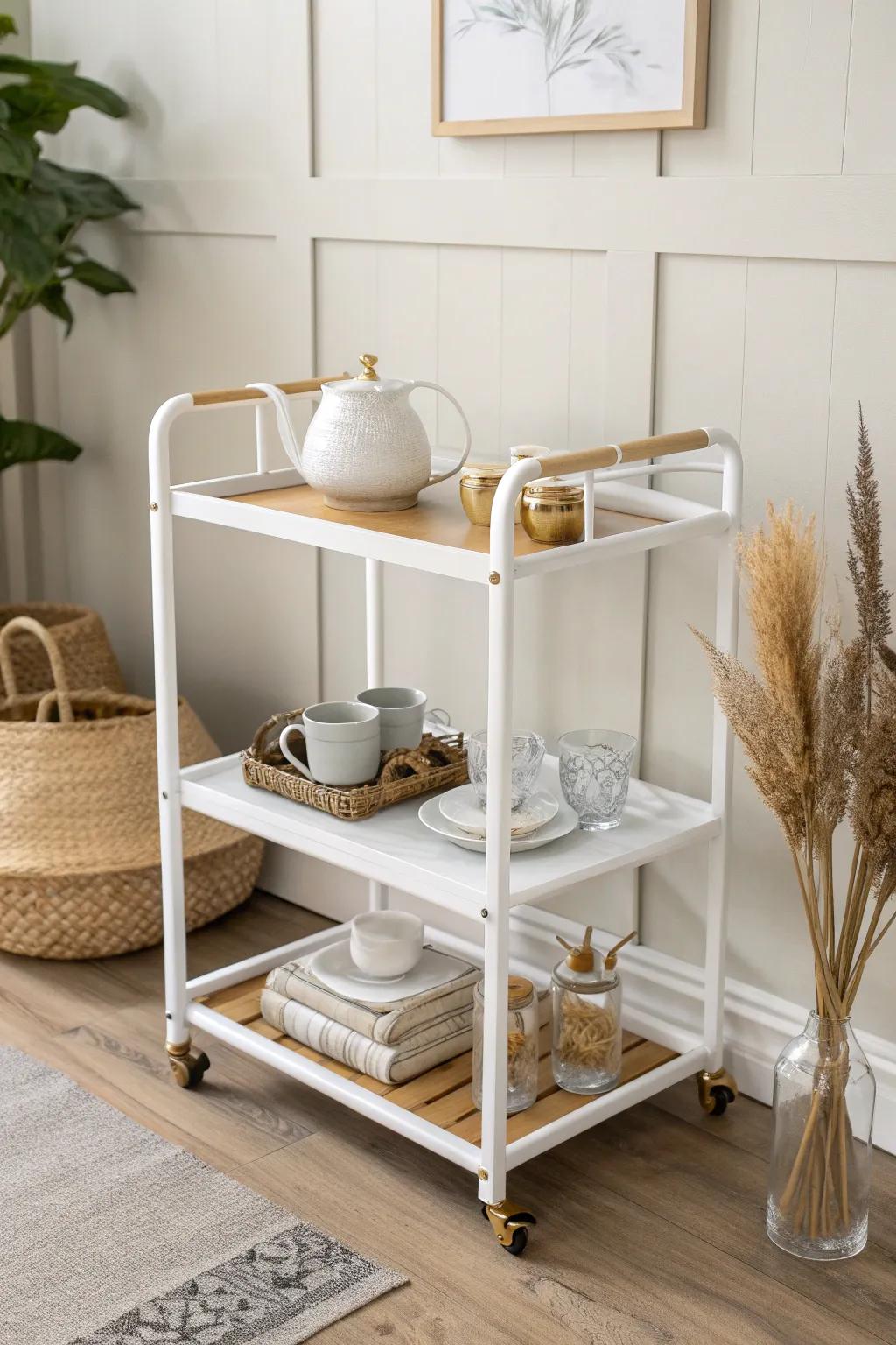 A slim rolling cart makes the prettiest small-sunroom tea bar—warm, minimalist, and easy to tuck away.