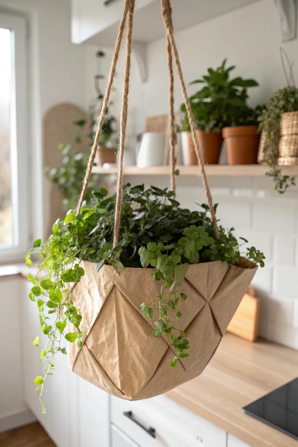 Transform simple paper bags into charming hanging planters for a touch of rustic elegance in your home.