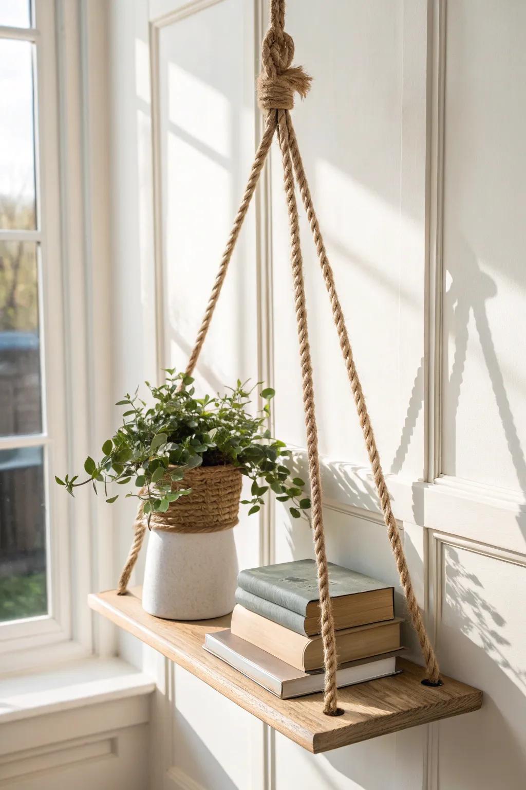 Airy rope-suspended shelf planks: a minimalist, boho way to display books + greenery.