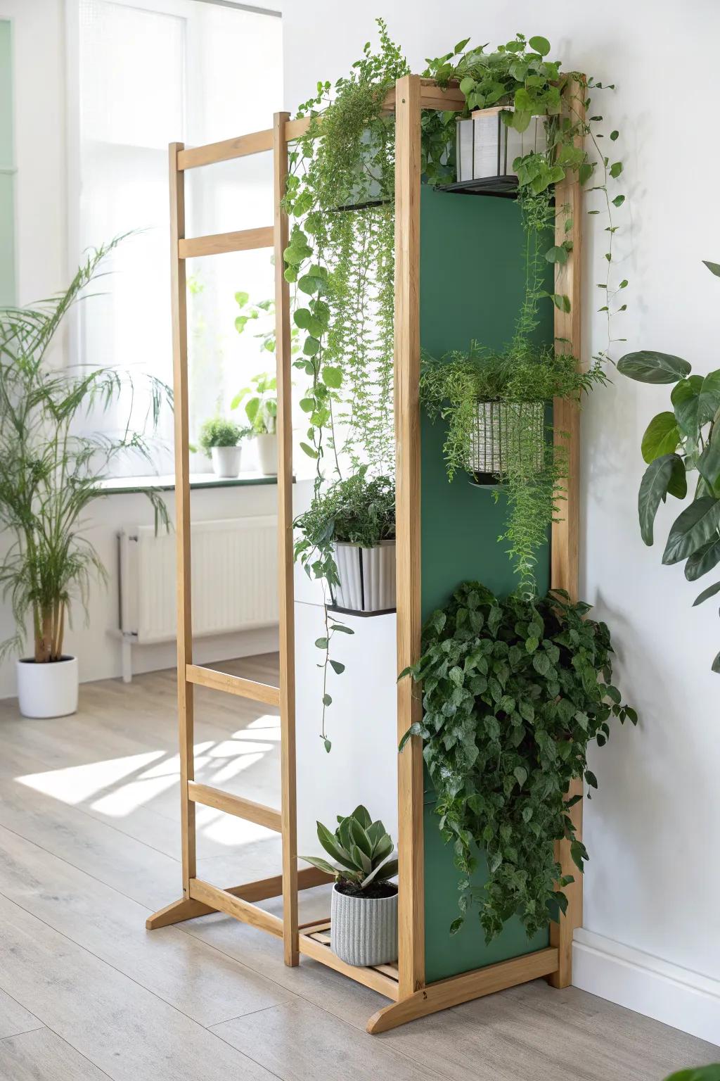 A living green wall divider that carves out a calm home office nook—fresh, minimal, boho.