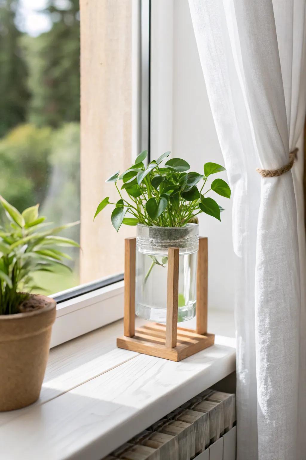A clear window riser doubles your plant space without blocking the view—clean and airy.