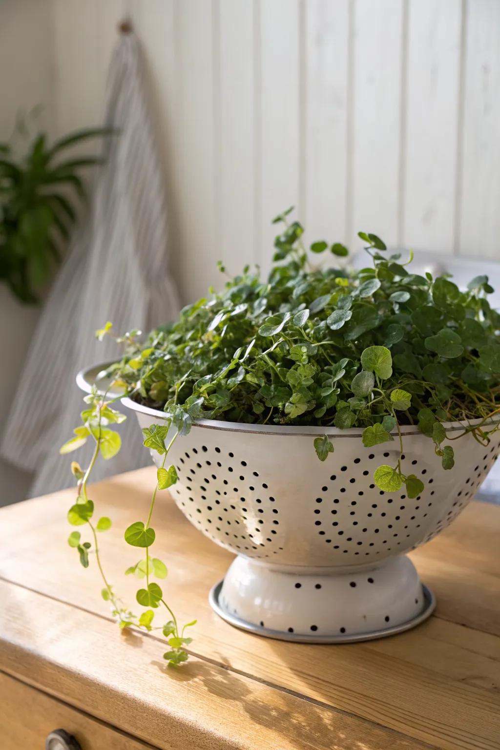 A vintage colander planter with Creeping Jenny spilling over—small-space charm with big impact.