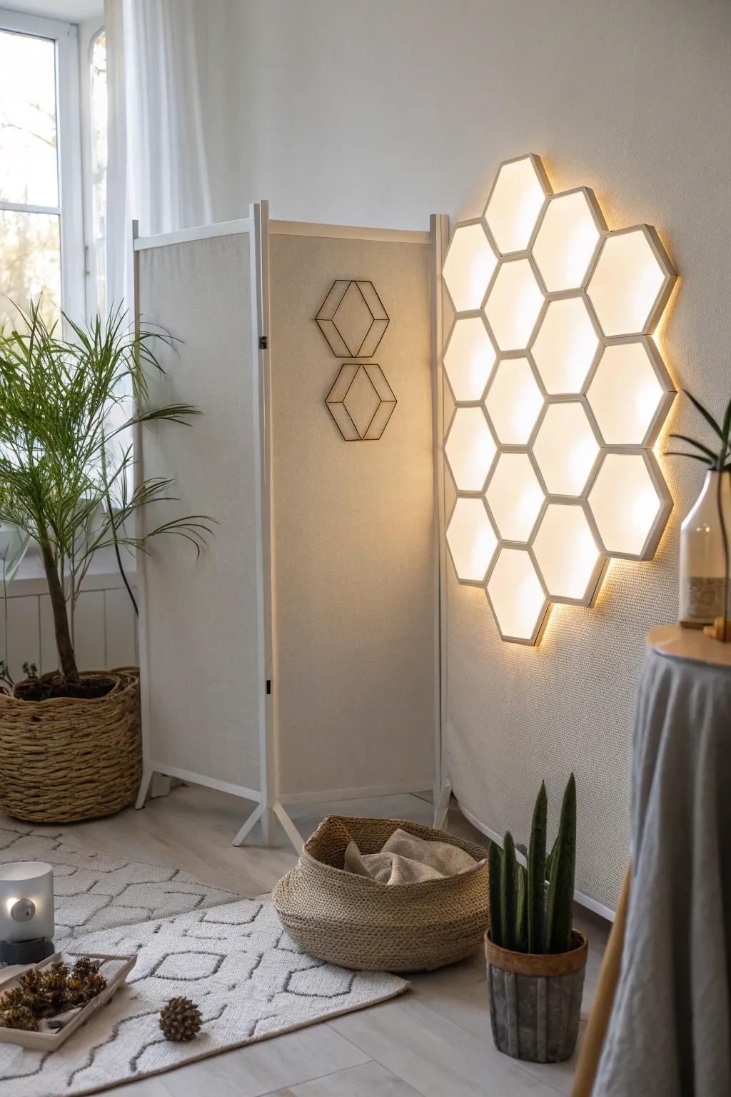 Geometric light panels turn a cubicle wall into cozy, warm-glow art in seconds.