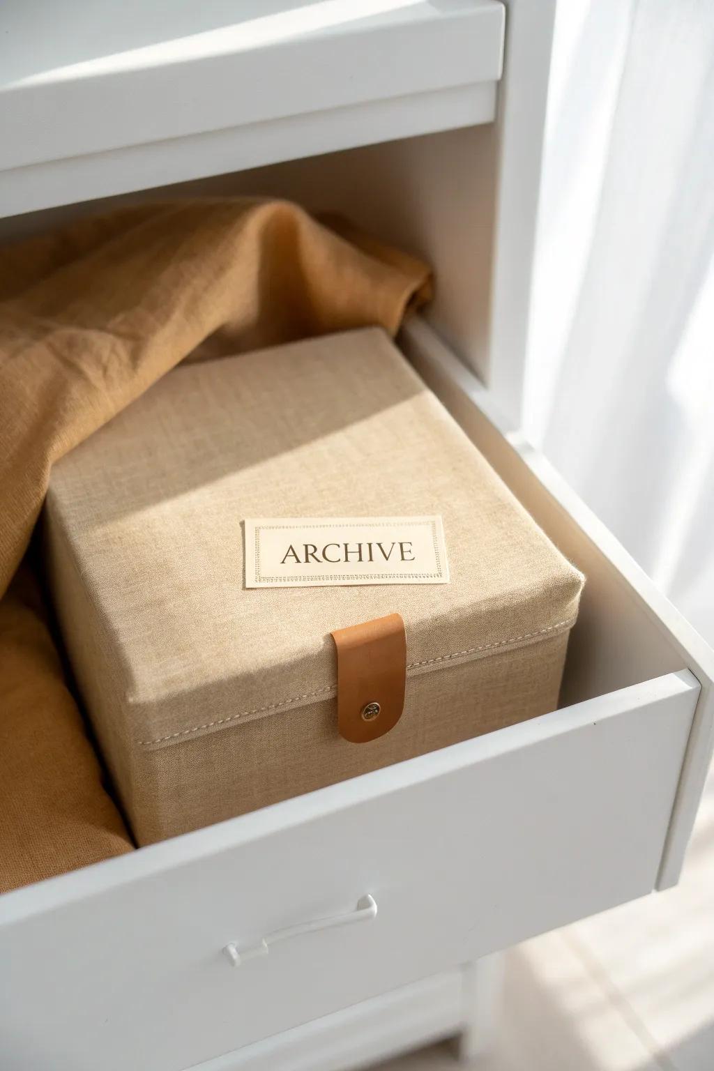 Create a mini archive zone—stash rarely used papers in a chic labeled box, out of reach.