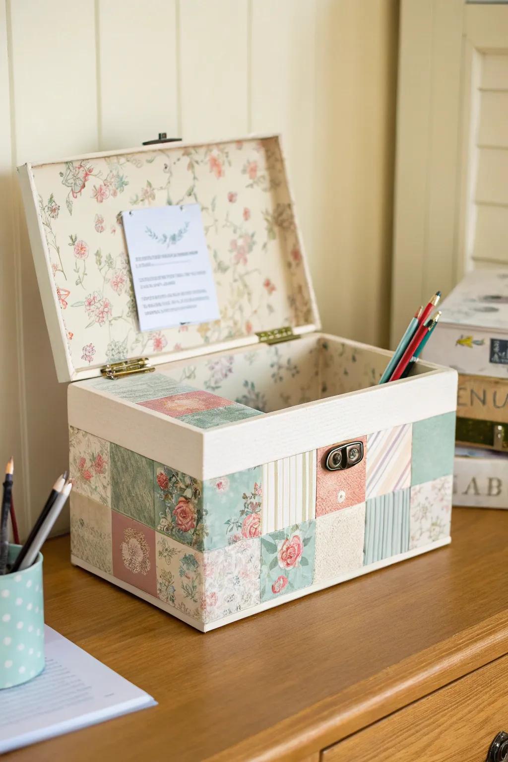 Patchwork a box with coloring pages—playful decoupage that makes cable clutter feel cute.