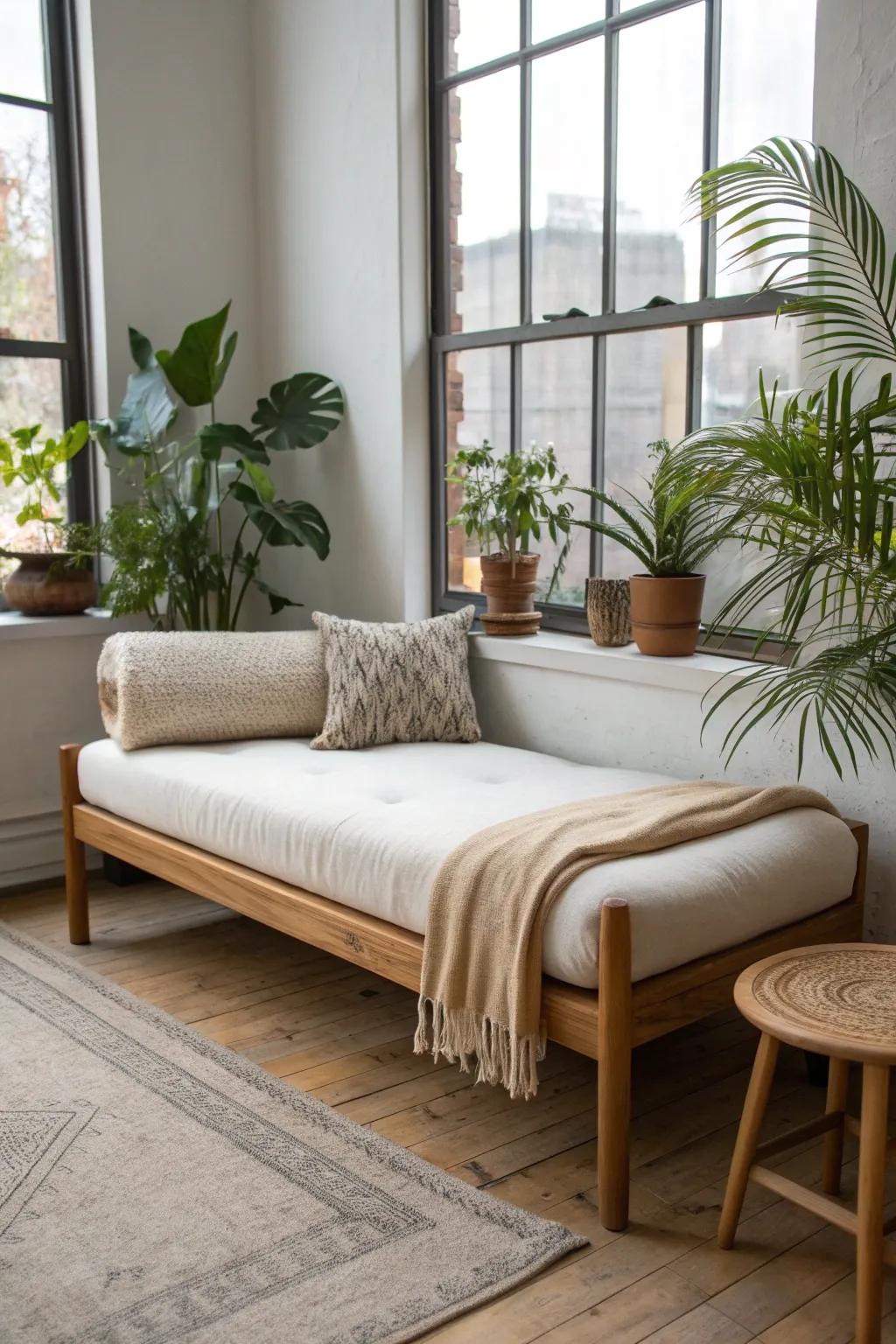 Create a plant-filled daybed corner—warm wood, soft linen, and layered greenery in small spaces.