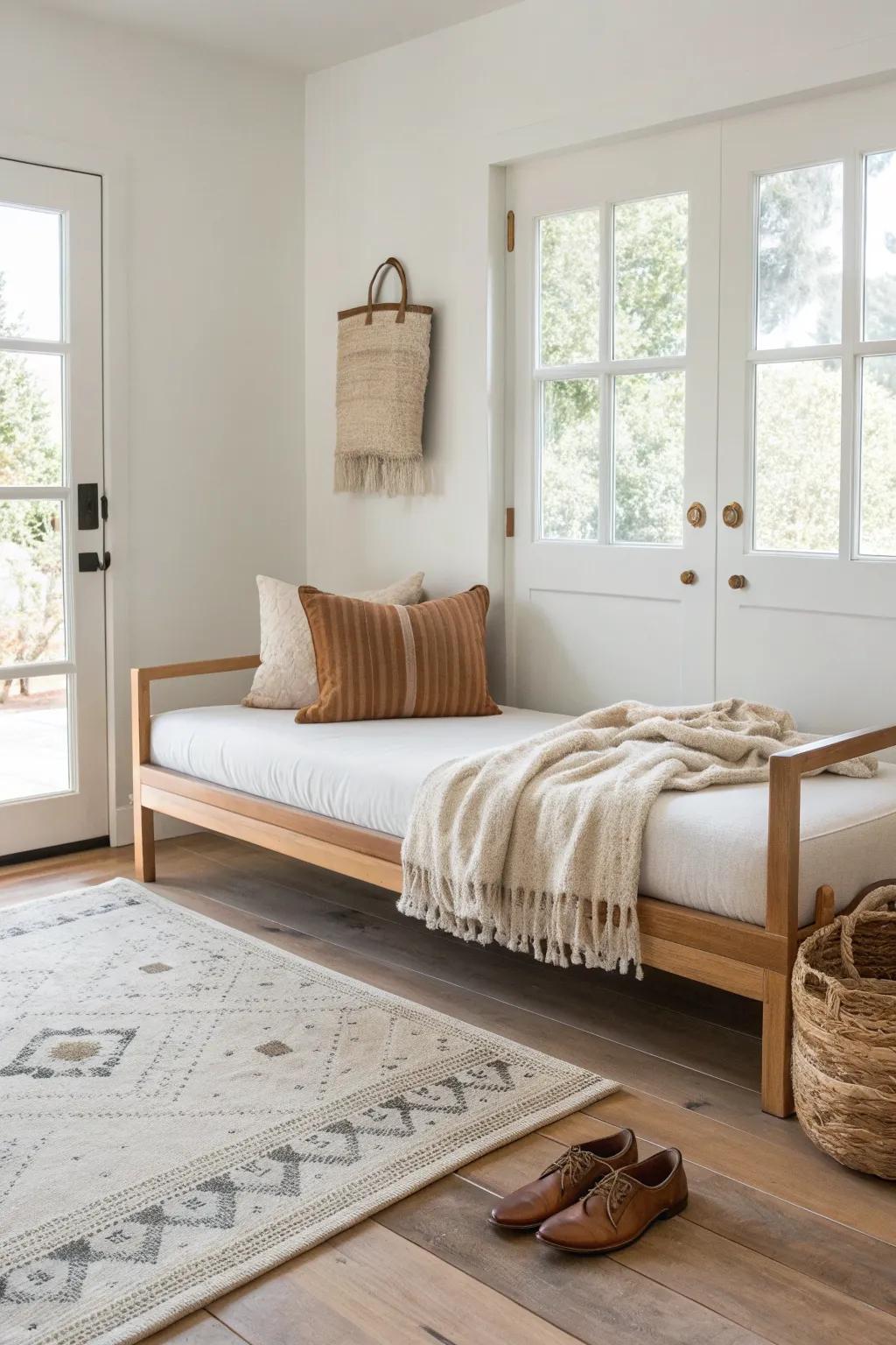 A daybed by the door becomes a chic landing zone—washable throw keeps it guest-ready.