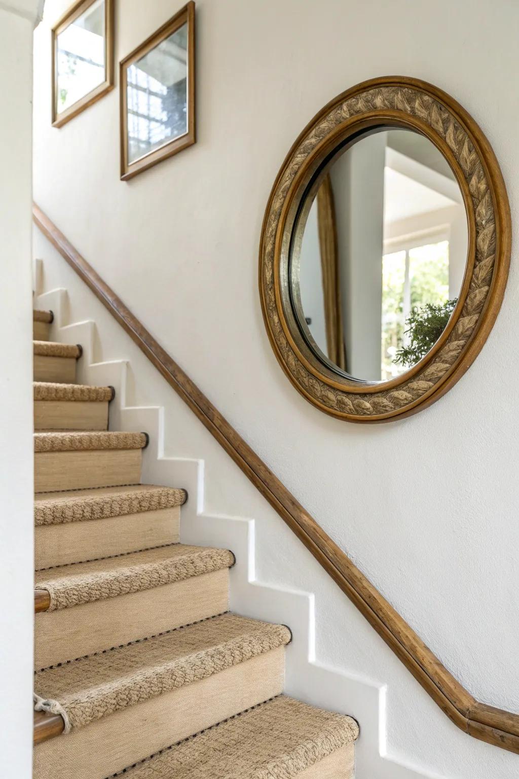 A single brass mirror in a staircase gallery—small-space magic that bounces light upward.