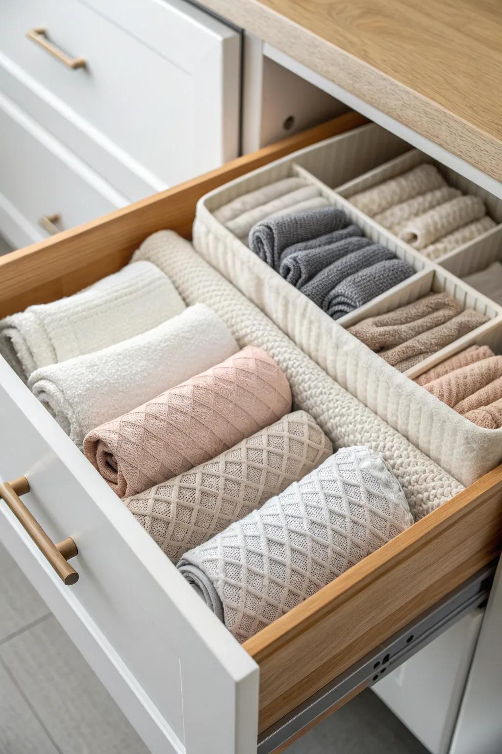 File-fold towels into tidy rows—deep drawers stay neat, calm, and easy to grab all week.