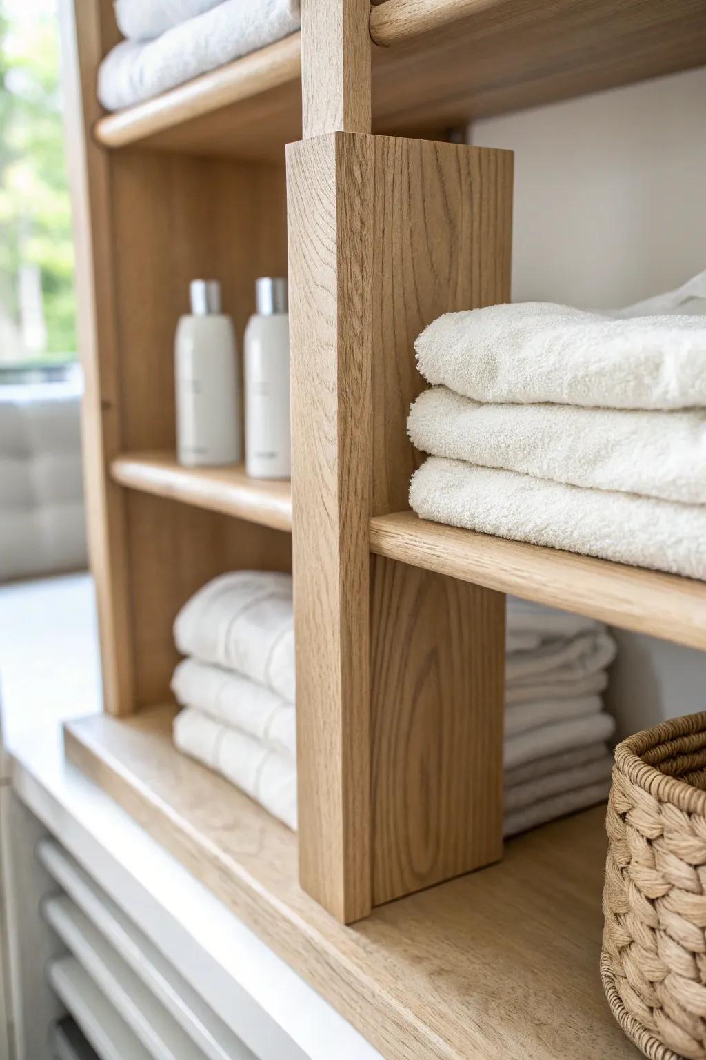 A simple oak shelf divider keeps deep linen stacks neat—no more towel avalanches.