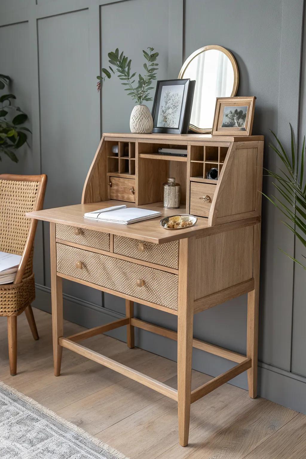 Drop-front secretary vanity desk—open for mirror and planning, close to instantly hide the mess.