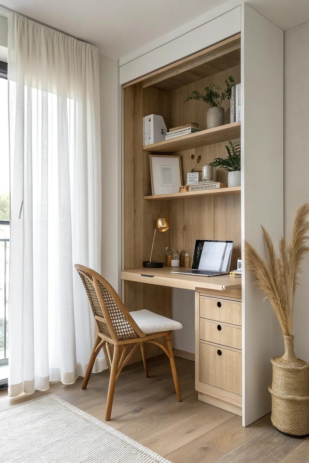 A closet becomes a hidden desk nook—clean oak, one shelf, and soft boho texture.