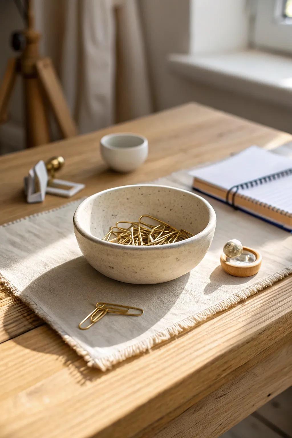 A beautiful catchall bowl turns tiny desk clutter—clips, tacks, adapters—into decor.
