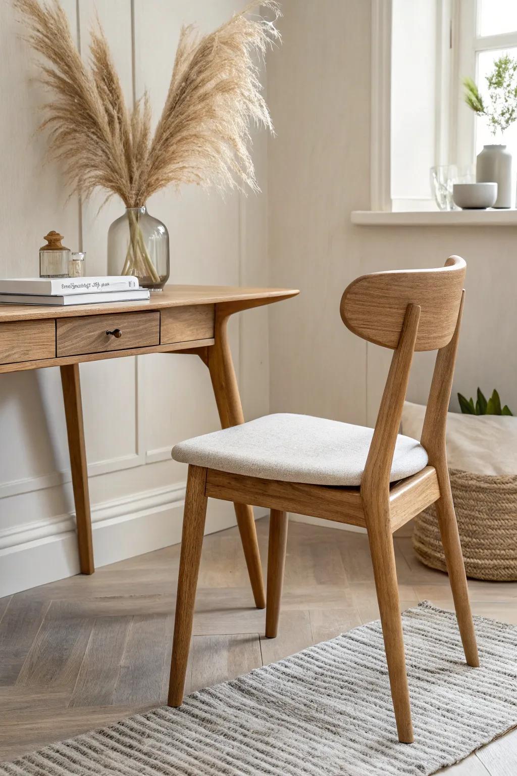Swap the bulky office chair for a chic dining chair + slim cushion for a cozy living-room desk.
