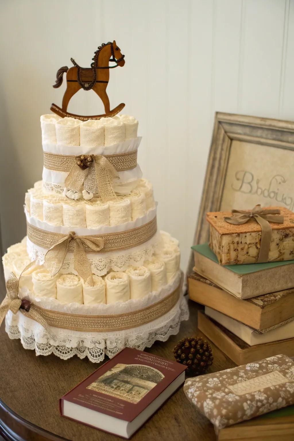 Embrace timeless elegance with a Vintage Twins diaper cake, where nostalgia meets craftsmanship.