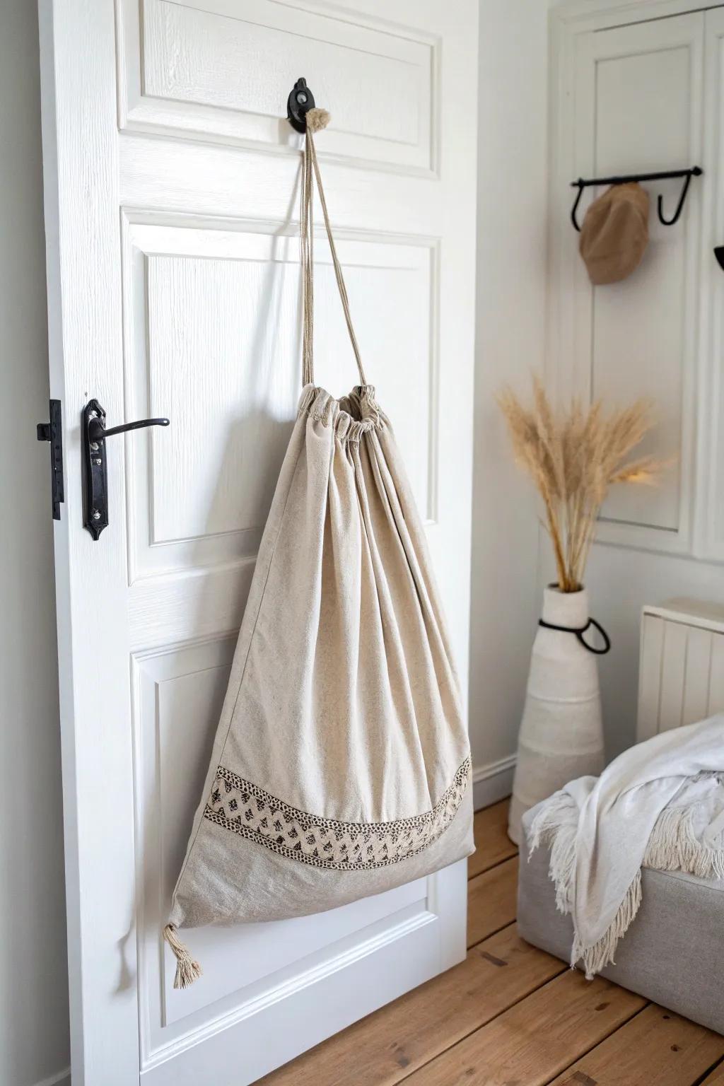 An over-the-door laundry bag keeps dirty clothes off the floor—perfect for tiny spaces.