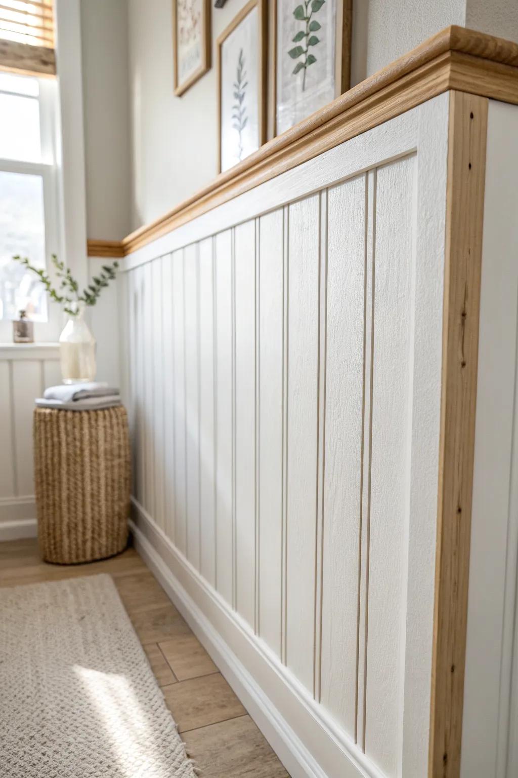 DIY faux wainscoting adds cozy texture and a custom look—perfect for tiny bathrooms.