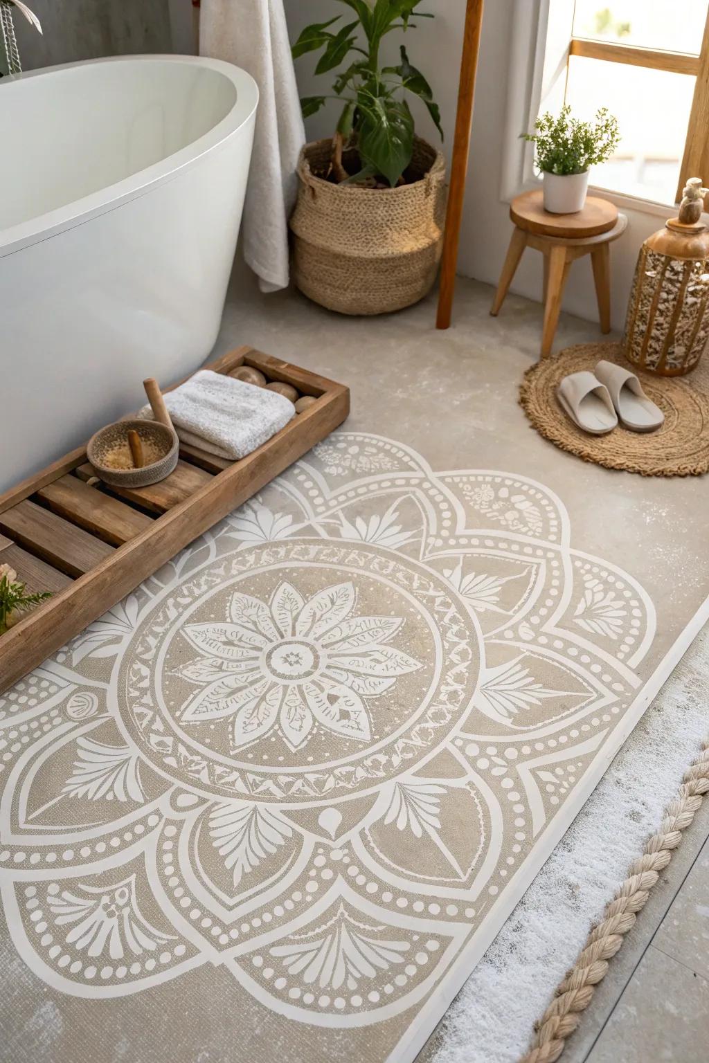 Transform your bathroom with a stenciled concrete floor that combines simplicity and artistic flair for a stunning, durable look.