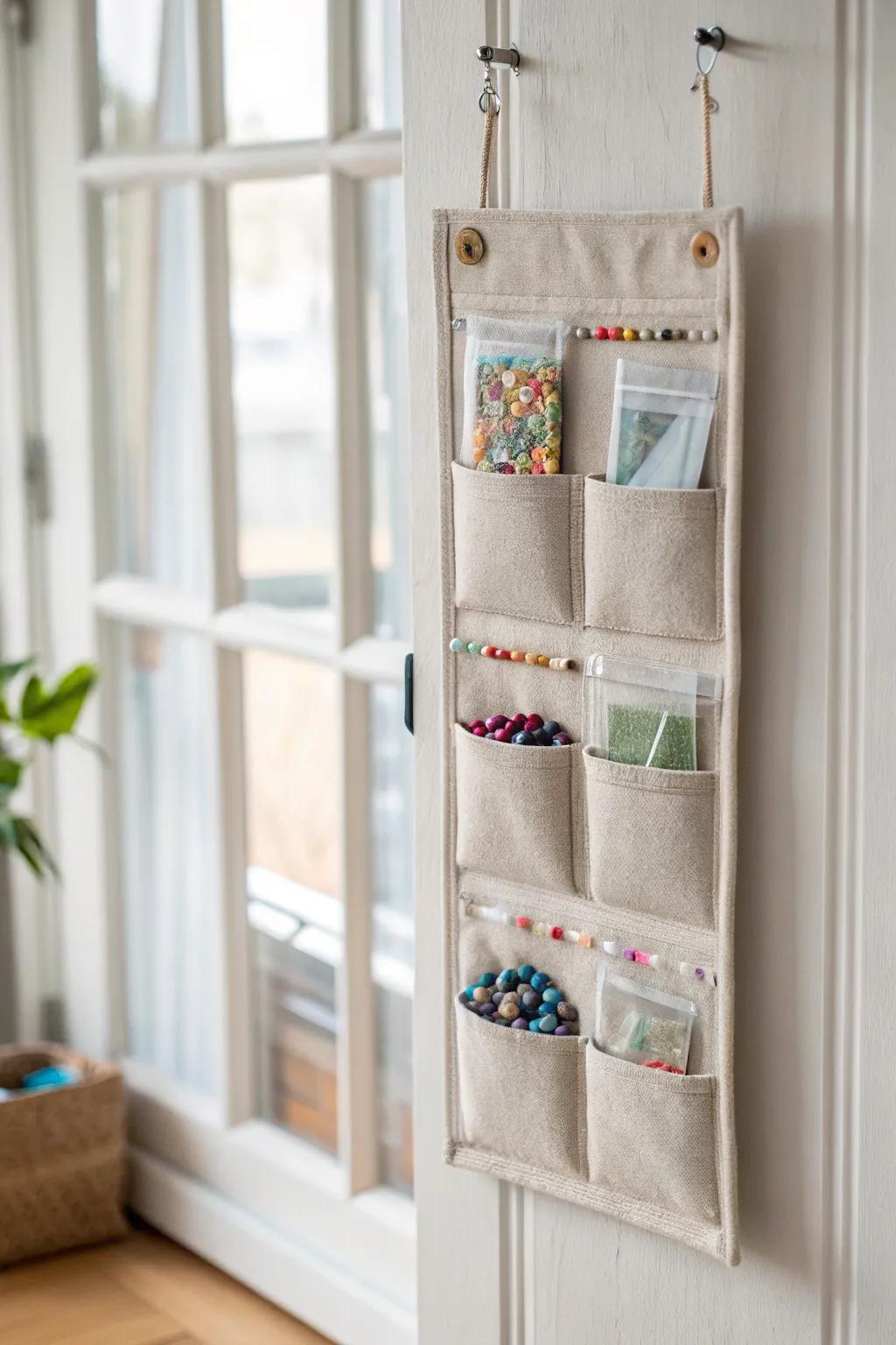 Slim hanging pocket organizer keeps bead refills tidy—perfect vertical storage for small spaces.