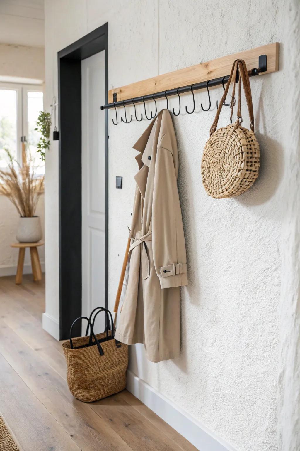 Slim DIY entryway rack: one bar + side hooks to keep coats and bags off every chair.