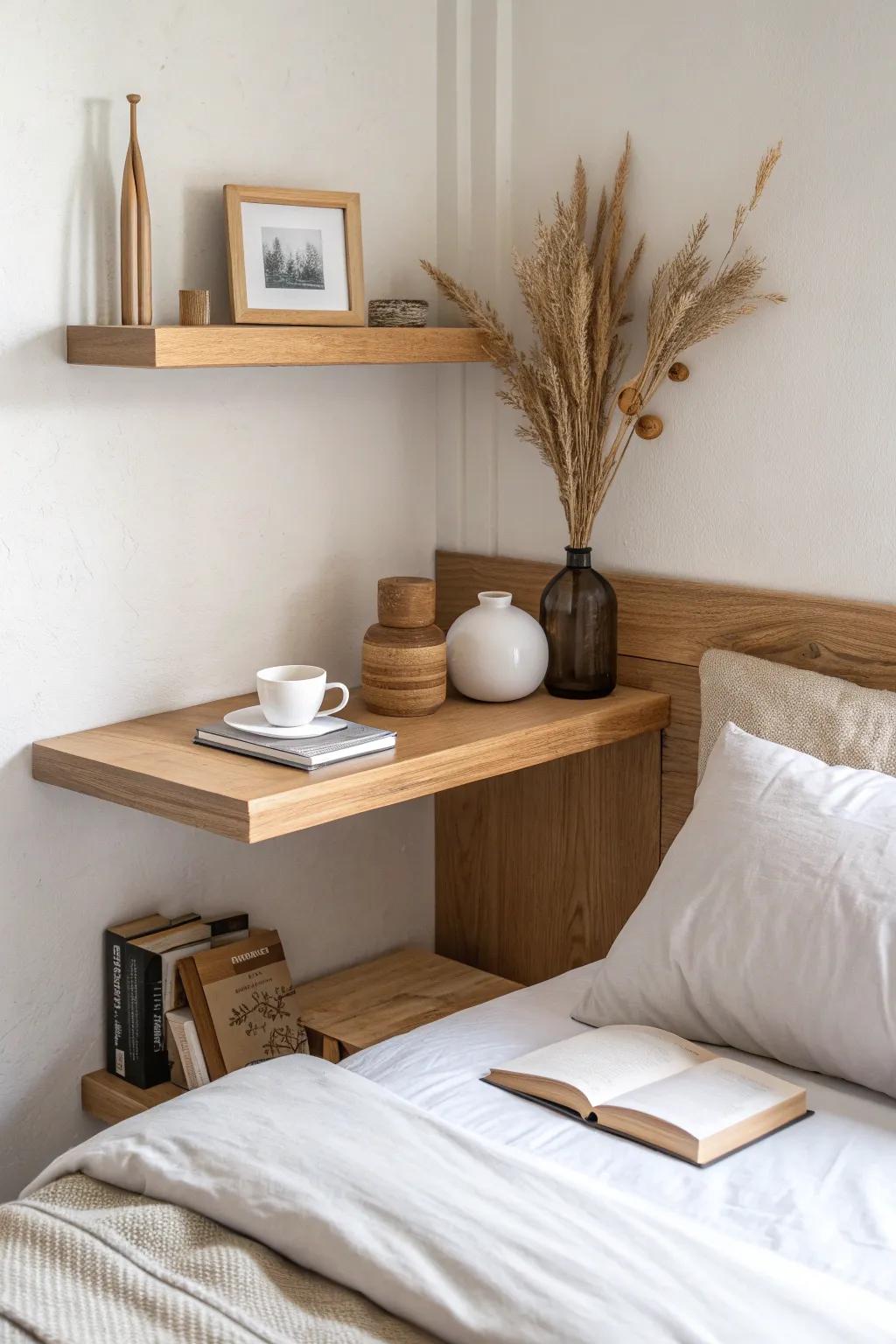 DIY a single floating shelf to connect a corner bed with a tiny desk zone—clean and calm.