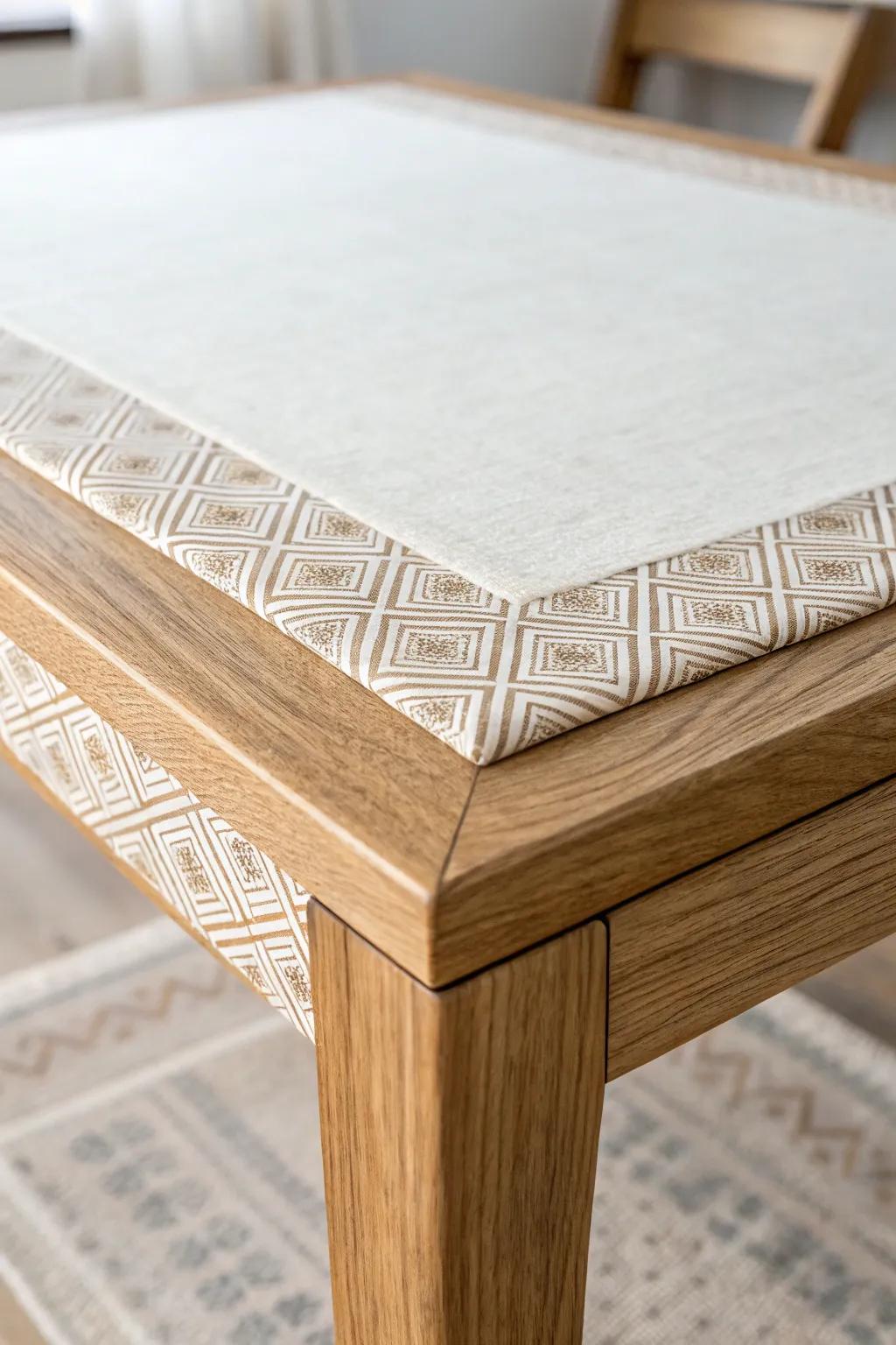 Removable contact-paper inlay that frames the wood—renter-friendly and easy to swap seasonally.