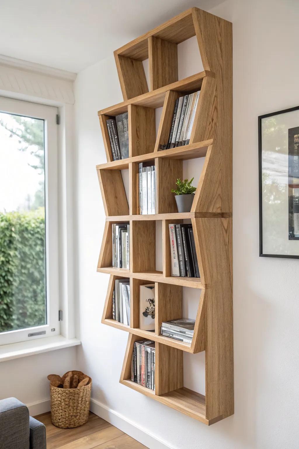 DIY “Tetris” wall shelves: geometric DVD storage that doubles as minimalist wall art.