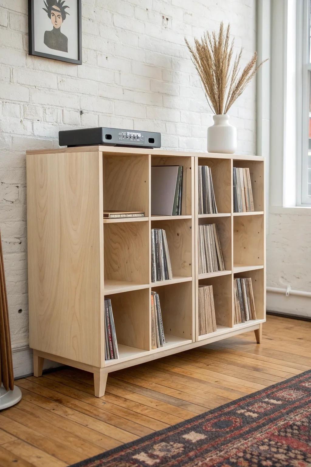 Handmade cubby grid that stores records and games while staying clean, calm, and styled.