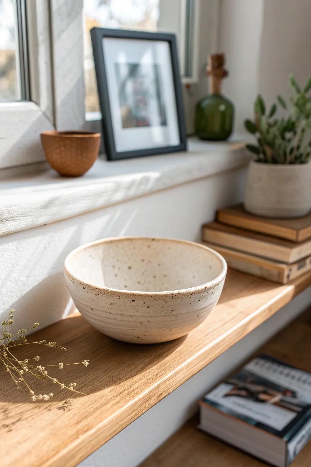 Styled shelves on a budget: spotlight a handmade bowl for instant, intentional charm.