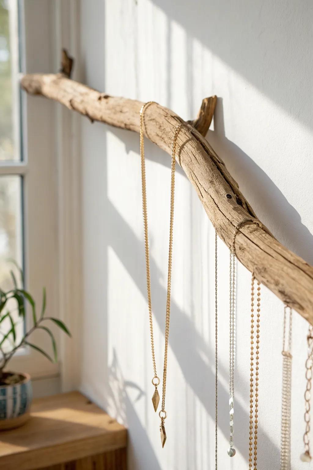 Driftwood branch necklace hanger: rustic texture, brass brackets, and tangle-free charm.
