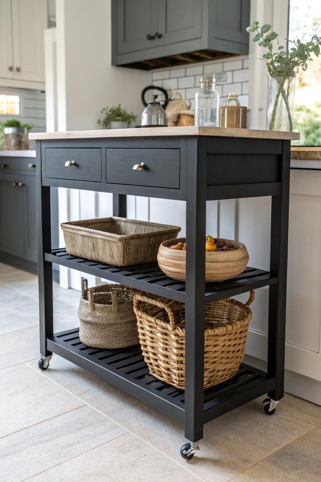 Transform your kitchen with a bold black cart that exudes sophistication and style.
