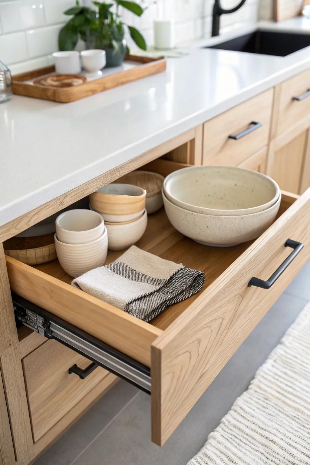 A sleek pull-out tray transforms deep lower cabinets—everything stays visible and easy to grab.