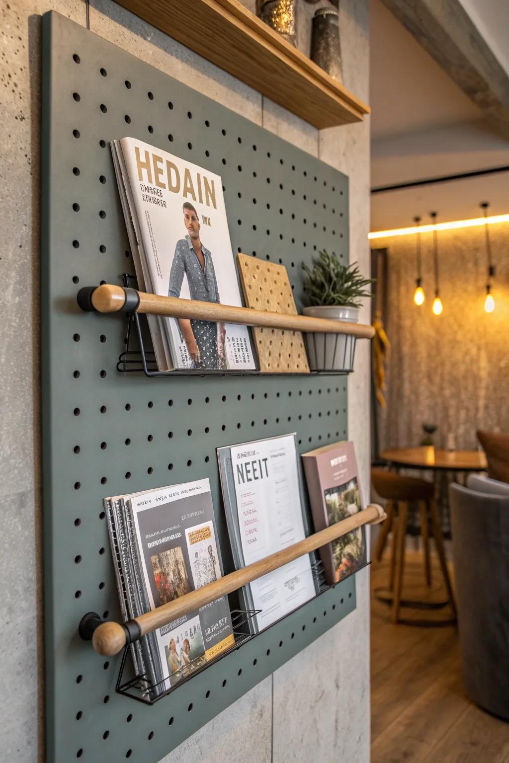 Elevate your space with this chic pegboard magazine wall—where craftsmanship meets modern design.