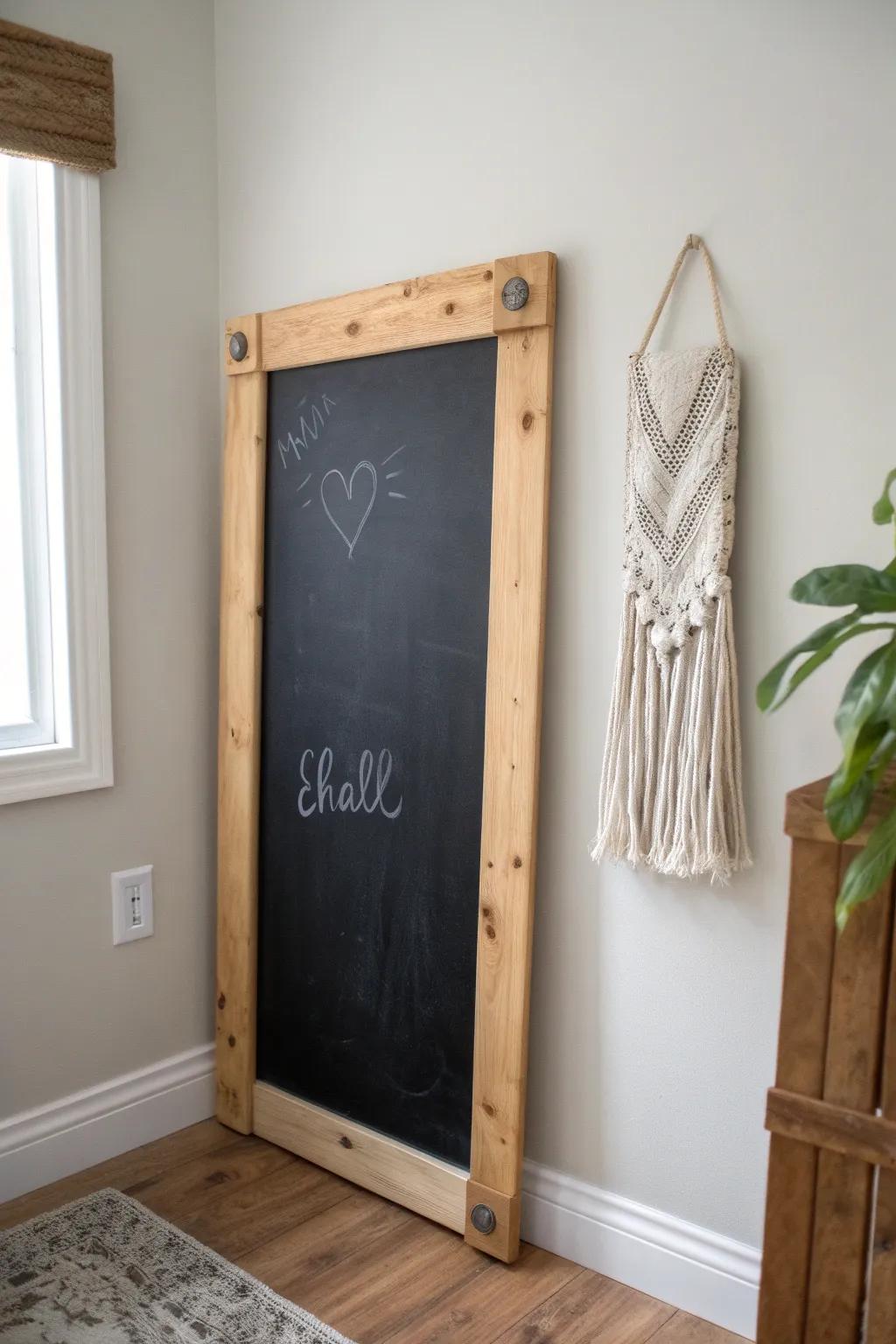 Pallet chalkboard wall: space-saving art zone for little creators—minimal, warm, and tidy.