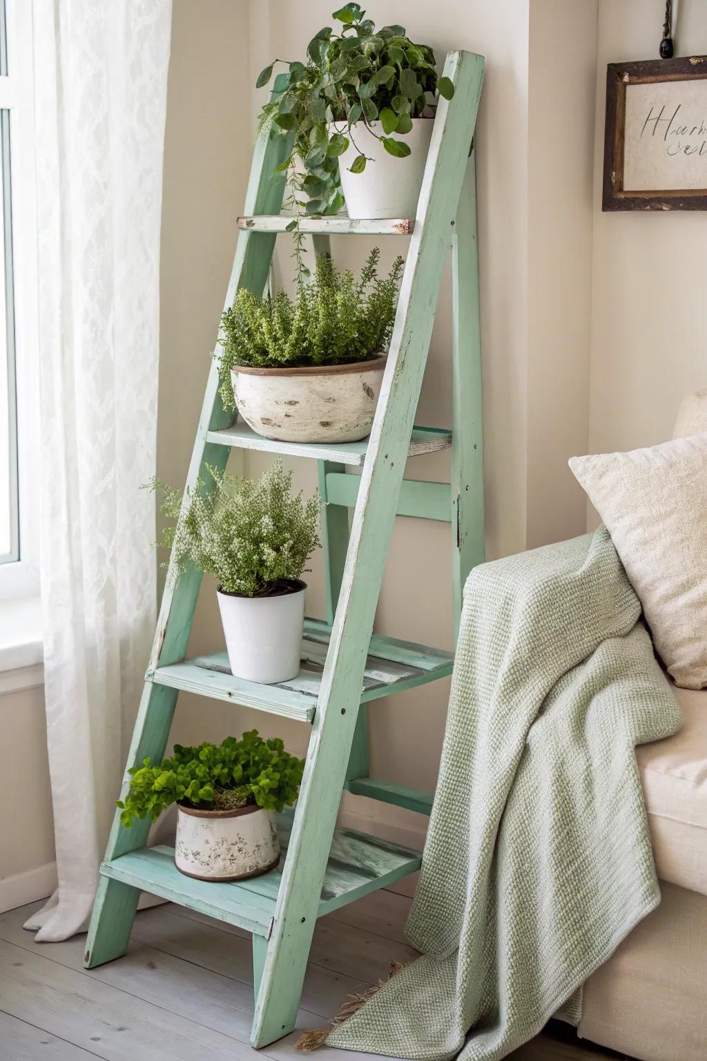 Transform an old ladder into a charming vertical garden with a splash of mint. Perfect for your cozy nook!