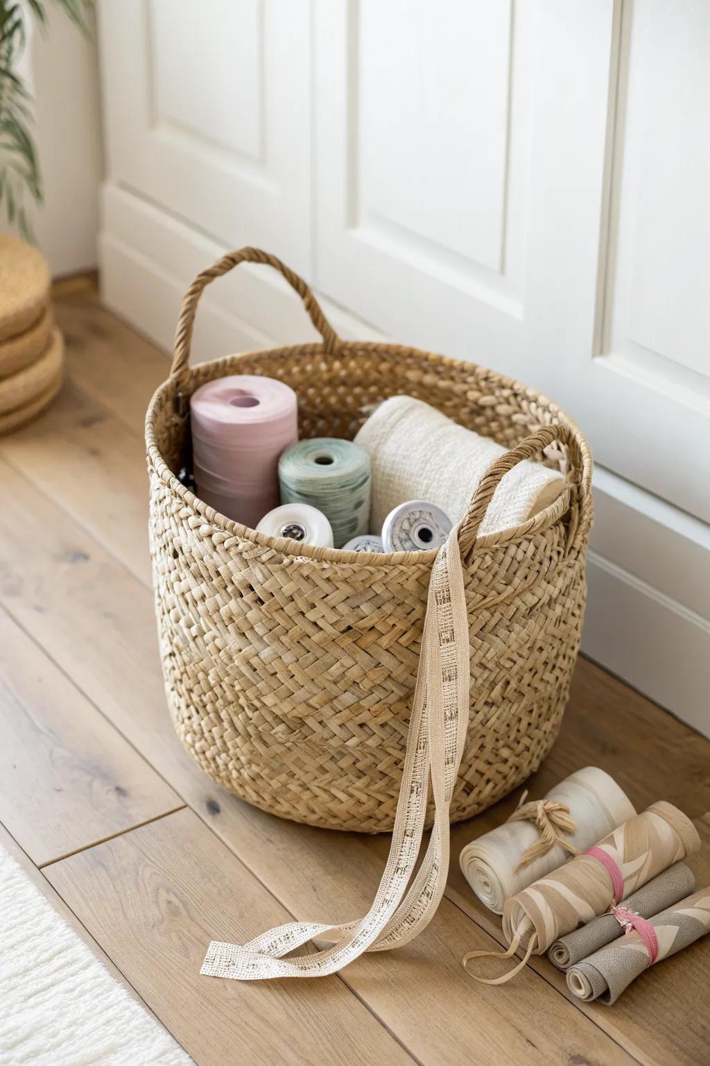 Turn a ventilated laundry basket into a tangle-free ribbon dispenser for tiny craft spaces.
