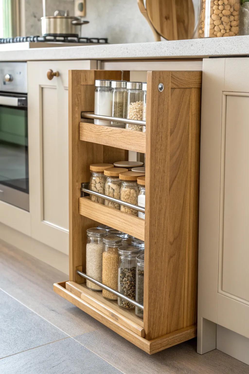 A slim pull-out oak spice rack that turns a tiny cabinet gap into calm, organized storage.
