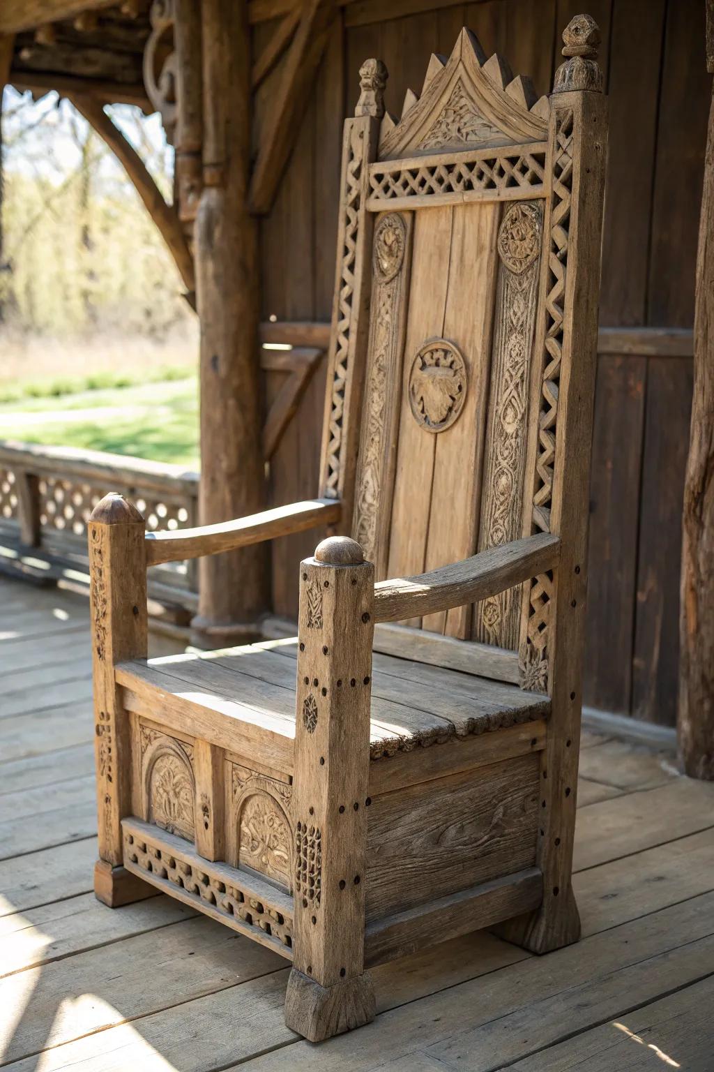 Embrace the warmth of rustic craftsmanship with this stunning weathered wood throne chair.