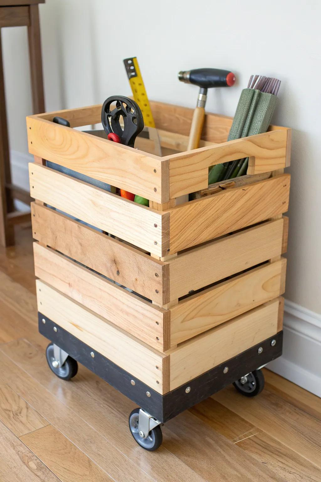 DIY rolling crate tool cart: compact, pretty, and mobile—made for small-space living.